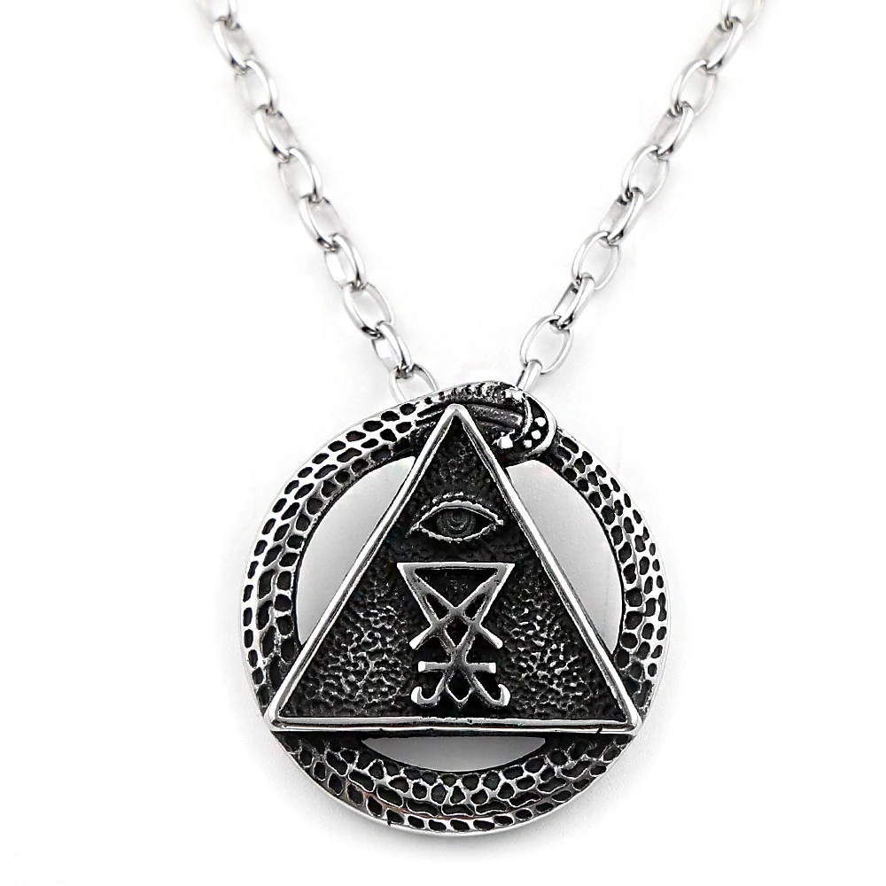 Sigil Church of Satan Evil Eye Ouroboros Triangle Stainless Steel Pendant Necklace for Men Seal of Lucifer Gothic Chain Jewelry