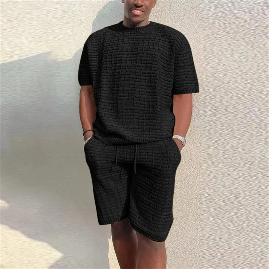 New 2024 Summer Men Shorts Set Knitted Two Piece Suits Male T-shirt and Shorts Casual Streetwear Men\'s Clothing Knit Outfits