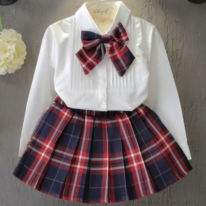 Summer Outfit Baby Girl Clothes Korean Cute Bow White Long Sleeve Tops+Plaid Skirt Children's Sets Boutique Kid Clothing BC112