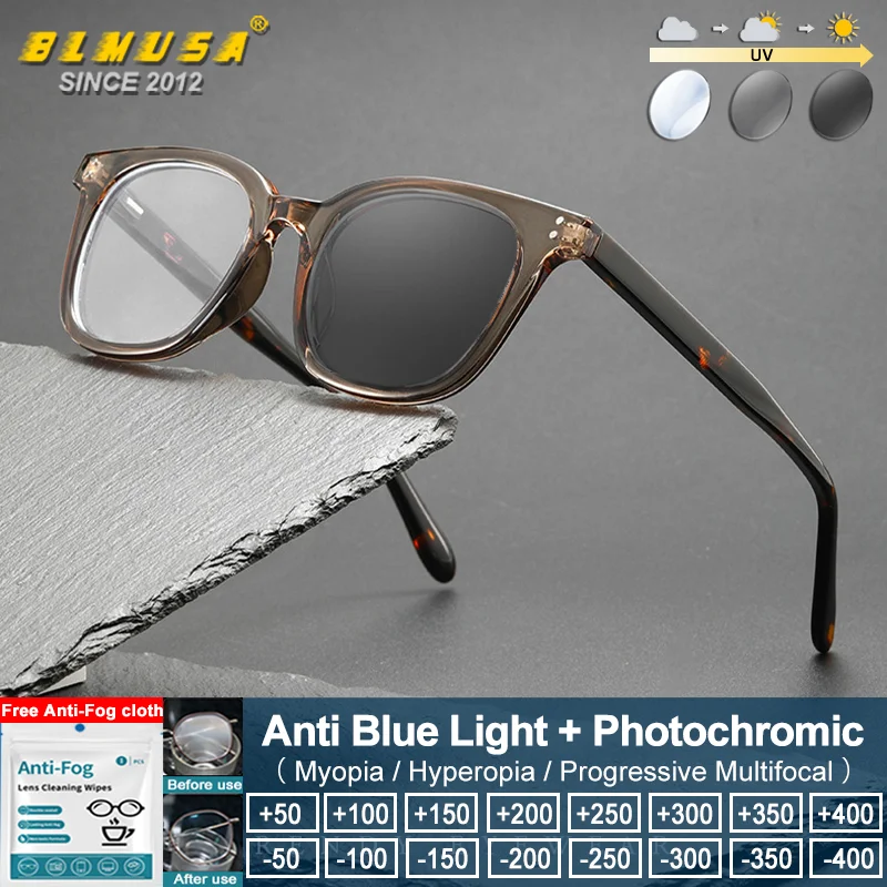 

BLMUSA (S) Currents Style Women's Square Small Frame Progressive Glasses Anti Blue Ray Photochromic Prescription Reading Eyeware