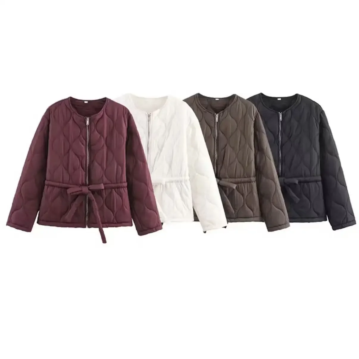 

Women's Casual Fashion Cotton Jacket Winter Versatile Round Neck Solid Color Belted Coat Drawstring Zipper Long Sleeve Outwear