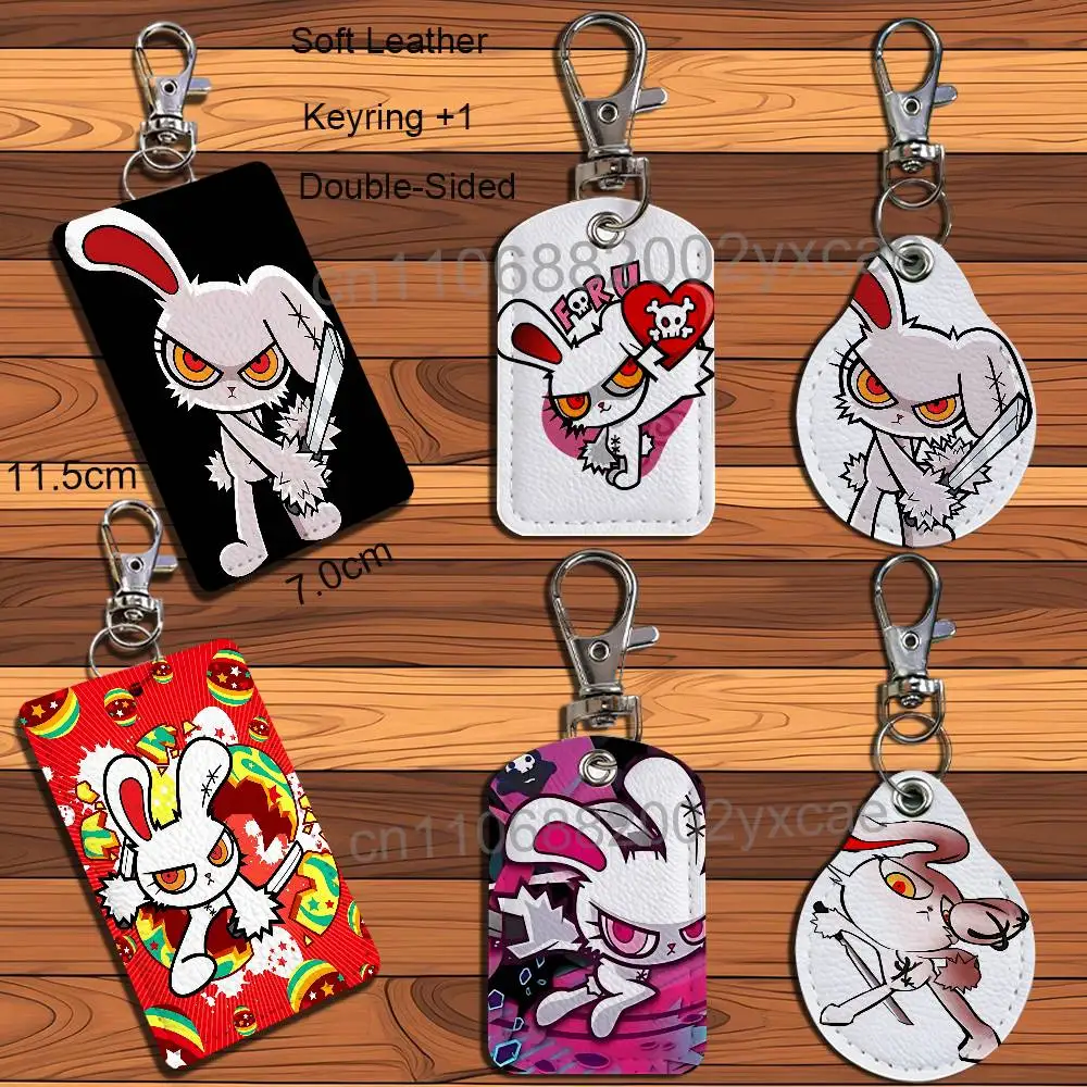 

cute Dark Black White Bloody Bunny Leather Keychain Badge Holder with Lanyard - ID/Access Card Holder, Key Ring Accessory