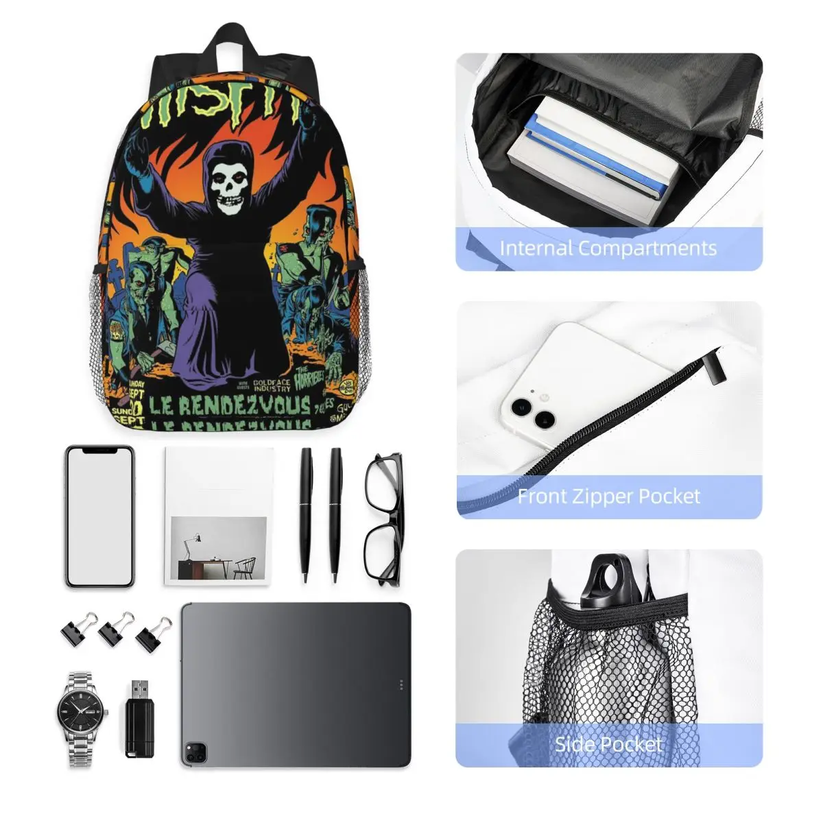 Zaino Heavy Metal Misfits Skull Studente Ragazzi Ragazze BookBag Borsa da scuola per bambini Borse a tracolla per computer per uomo Donna
