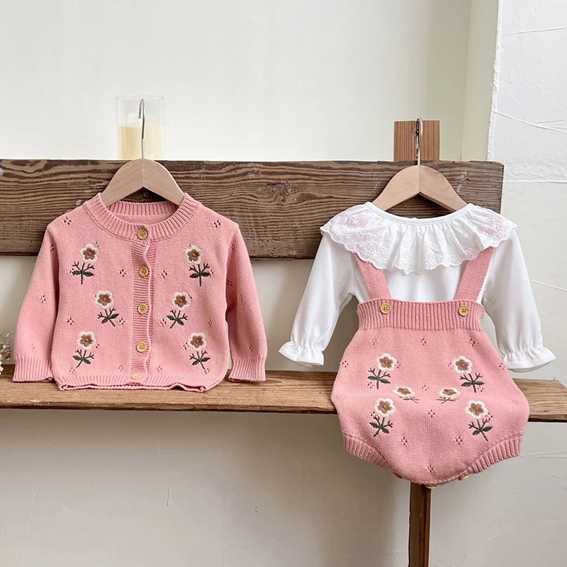 2024 New Autumn Newborn Baby Girls Clothing Set Long Sleeved Knitted Cardigan+Jumpsuit Toddler Baby Girl Knitting Clothes Suit