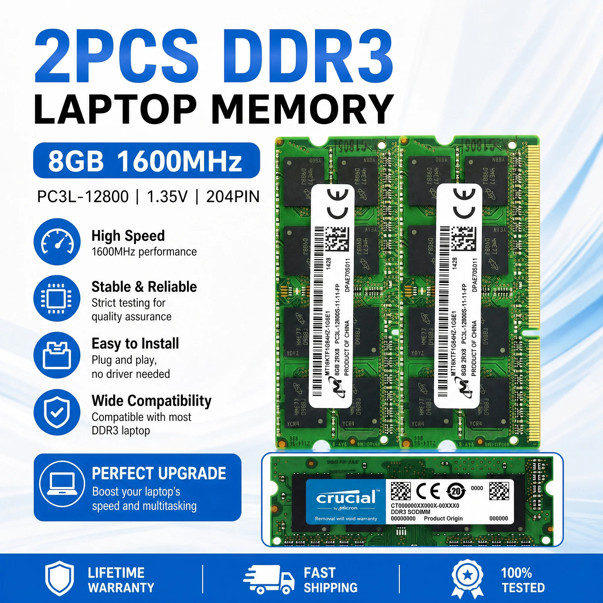 

Micron Crucial 2PCS KIT Laptop RAM DDR3L DDR3 8GB 4GB 1066 1333 1600 1866MHz SO-DIMM PC3-10600 PC3L-12800 14900S Notebook RAMs
