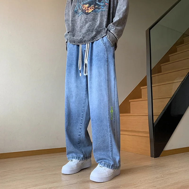 Baggy Jeans Men's Casual Pants Elastic Waist Denim Pants Straight Jogging Pants Men's Washed Jeans Black Wide Leg Jeans