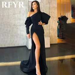 RFYR Black Puff Sleeve Prom Dresses Side Split Party Dresses Full Sleeves Wedding Darty Dress Stain Trumpet فستان حفلات الزفاف