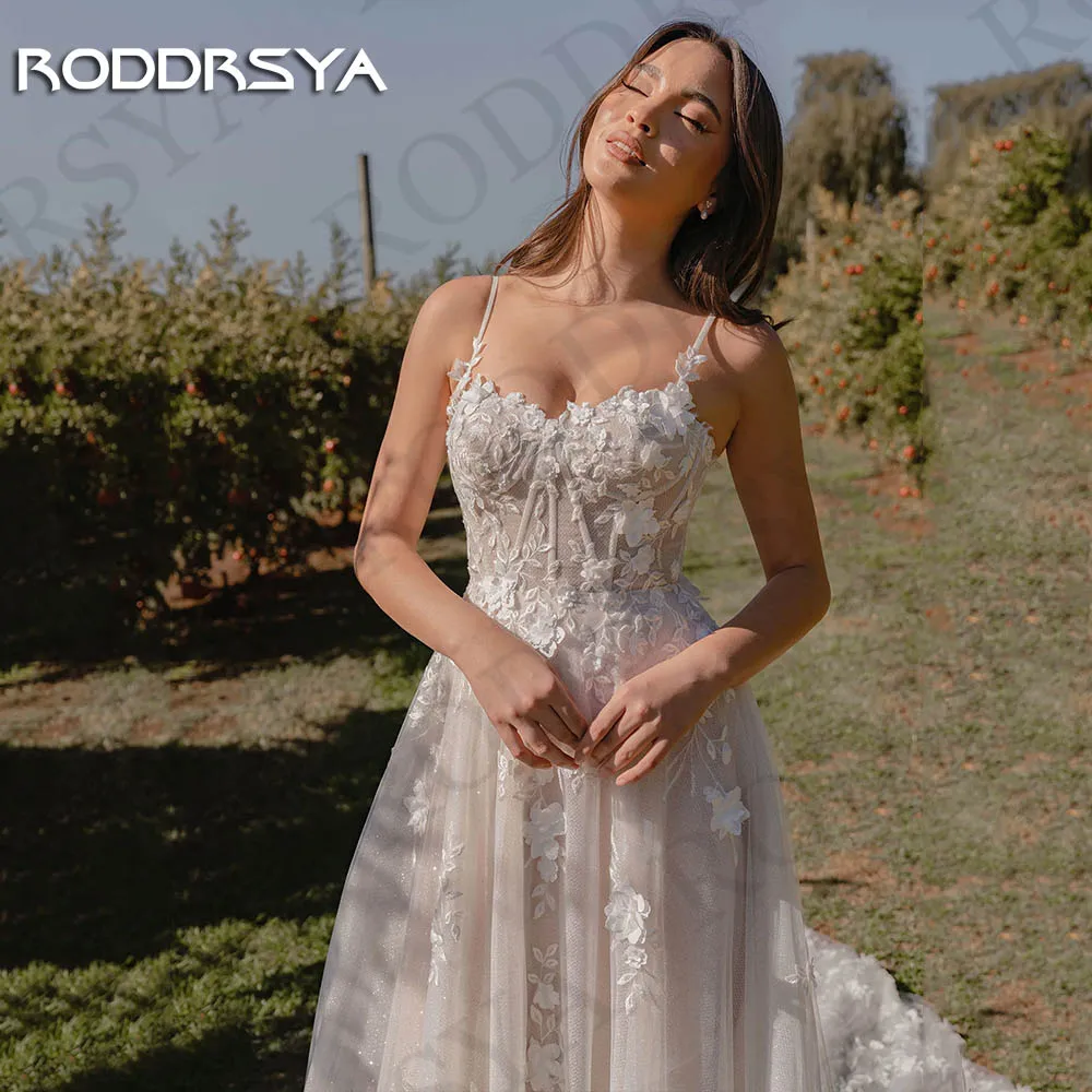 RODDRSYA-vestido de novia de tul brillante para mujer, traje de novia con tirantes finos, Espalda descubierta, 2024 Sparkly Tul Vestido De Novia