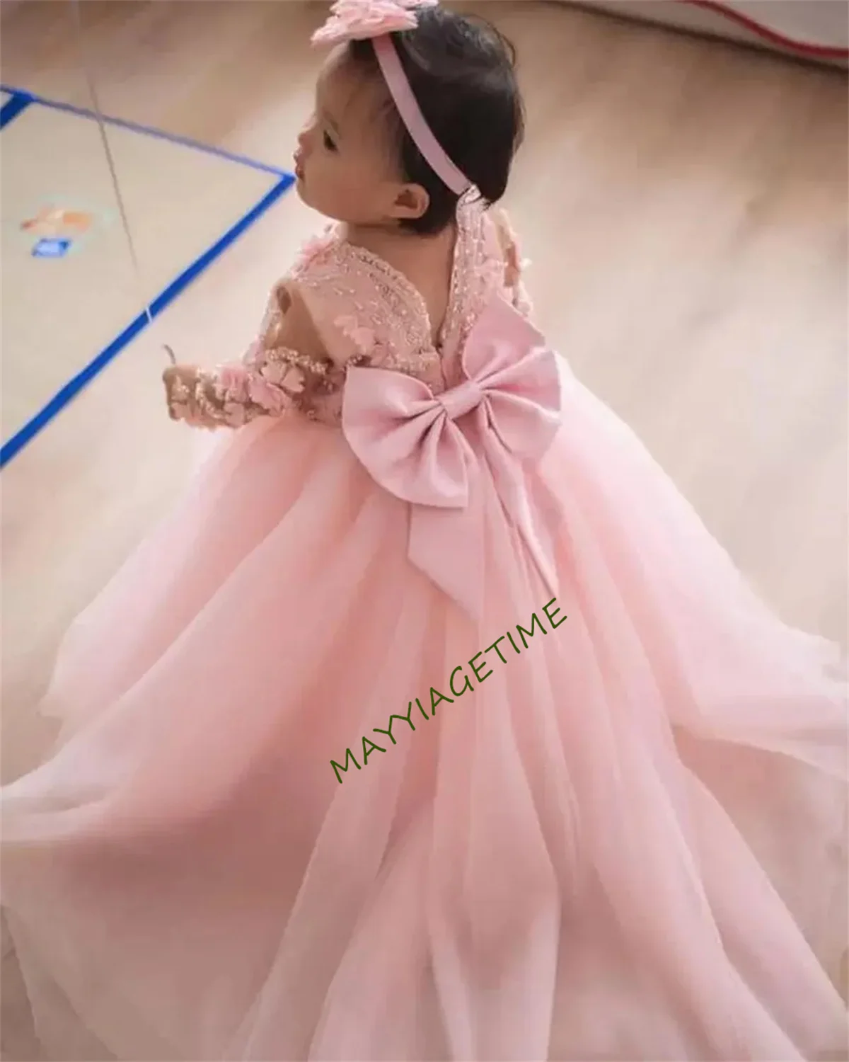 Lovely Baby Flower Girls' Dresses for Weddings with Bow Beaded 3D-Applique Tulle Princess Party Birthday Gowns Long Sleeves Page