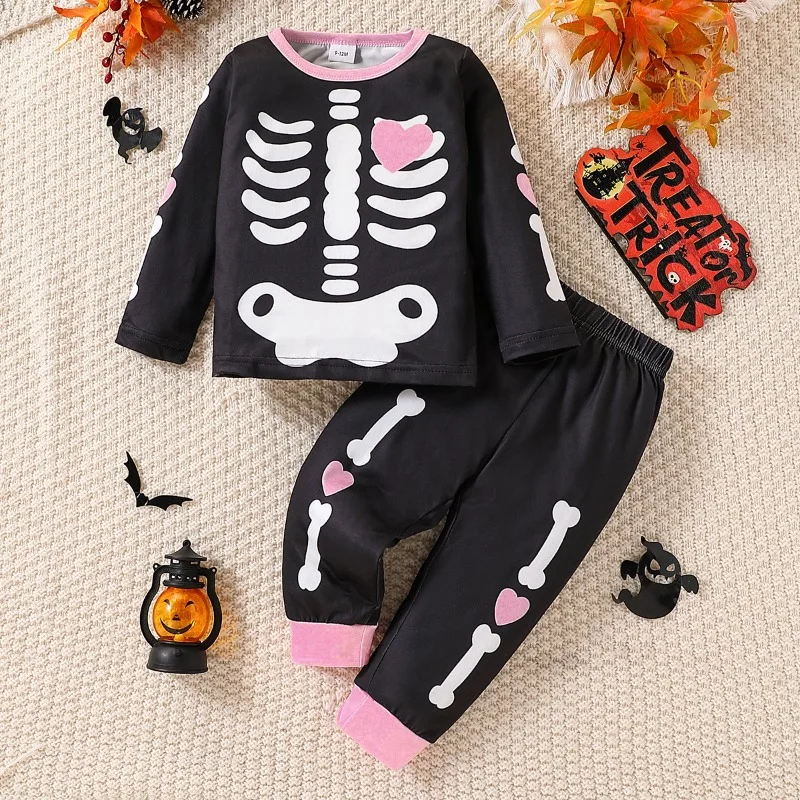 

Детский комплект одежды на Хэллоуин, комплект из двух предметов с мультяшным скелетом, забавный пуловер для малышей, длинные штаны, модный подарок для праздника и вечеринки