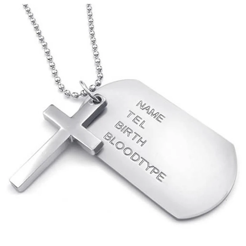 2X Jewelry Men's Necklace, Army Style Cross Tags Dog Tag Alloy Pendant With 68Cm Chain, Silver Color