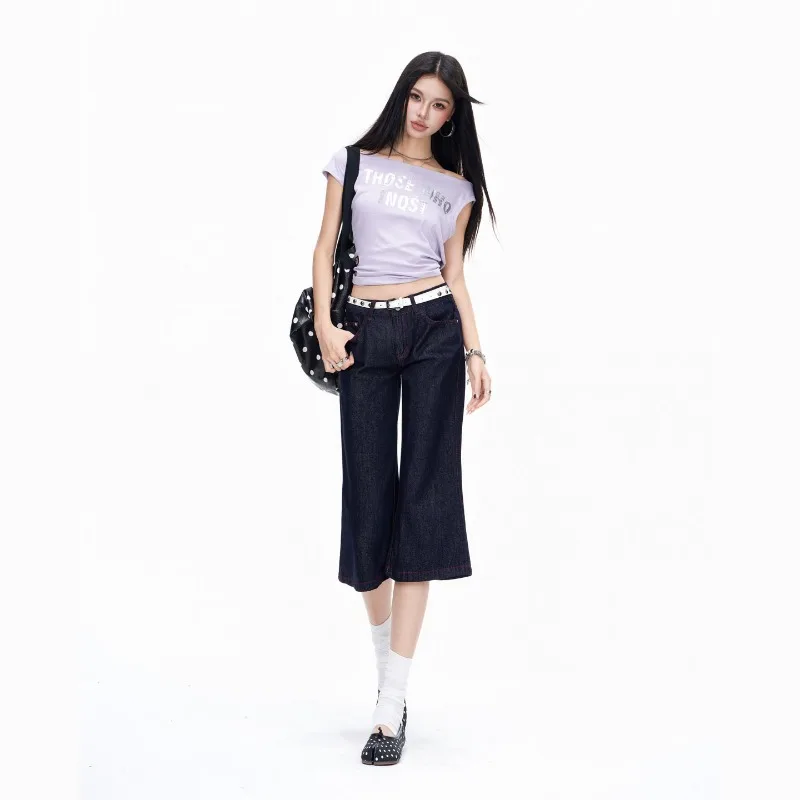 Vintage High Waist Flare Capri Jeans Women Dark Wash Raw Denim Red Stitch Korean Street Casual Y2K Summer 2026