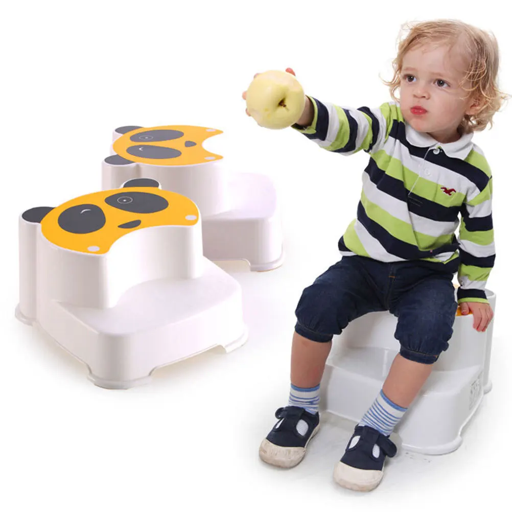 

1pc Children Step Stool Yellow Anti-Slip Double Layer For Kids Hand Washing Station Home Kindergarten Cartoon Panda Pattern