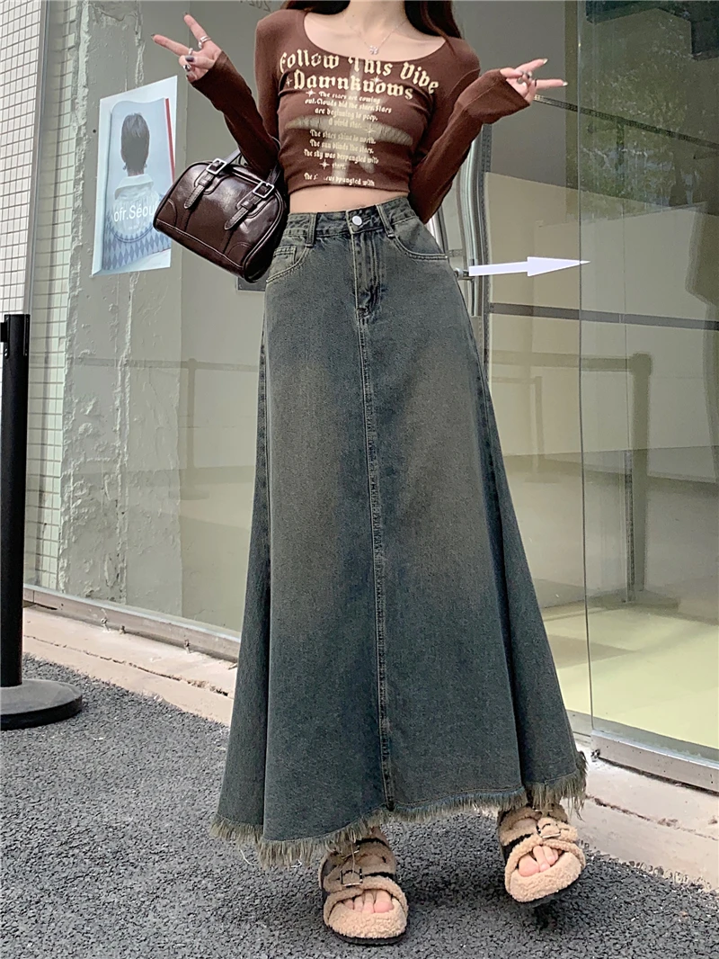 2024 Autumn Women clothes High Waist Retro Denim Half A- line Skirt Design Sense  Frayed Fishtail Long Skirt