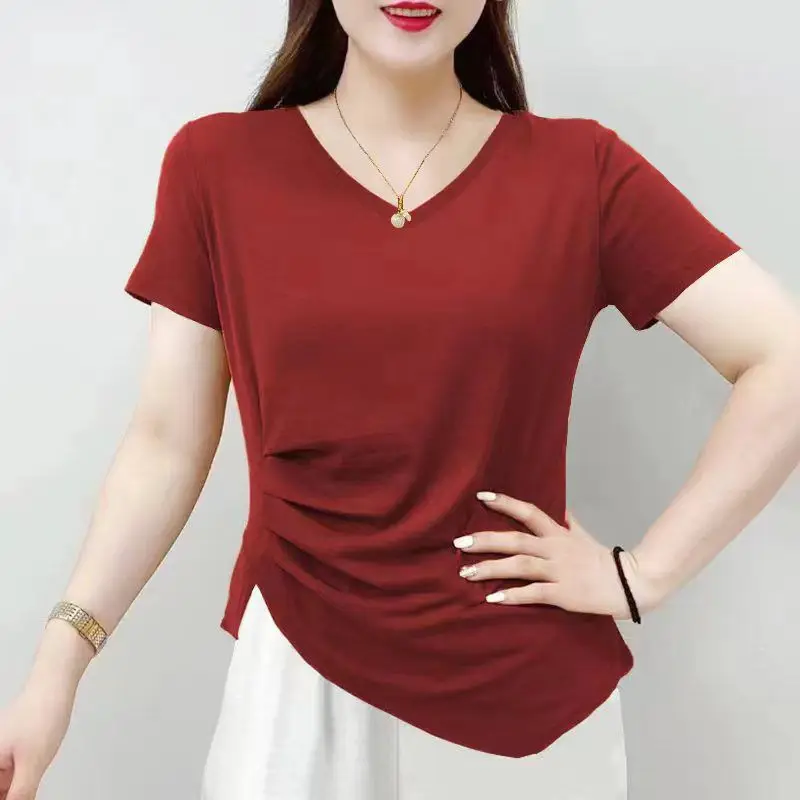 Summer New Elegant Fashion V-neck Short Sleeved T-shirt Women\'s Solid Asymmetric Patchwork Slim Versatile Folds Pure Cotton Top