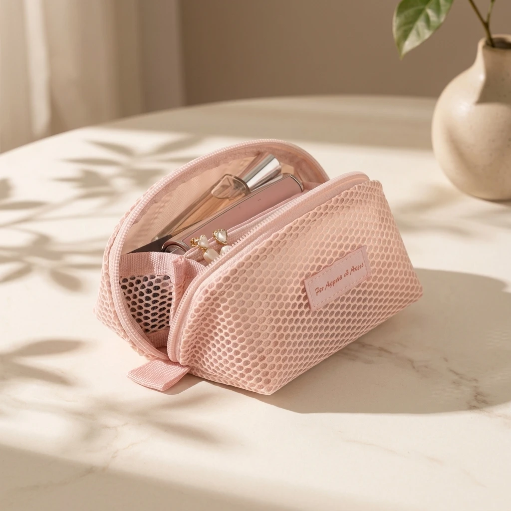 Women's Toiletry Organizer Bag Honeycomb Mesh Cosmetic Case Waterproof Nylon Portable Makeup Storage