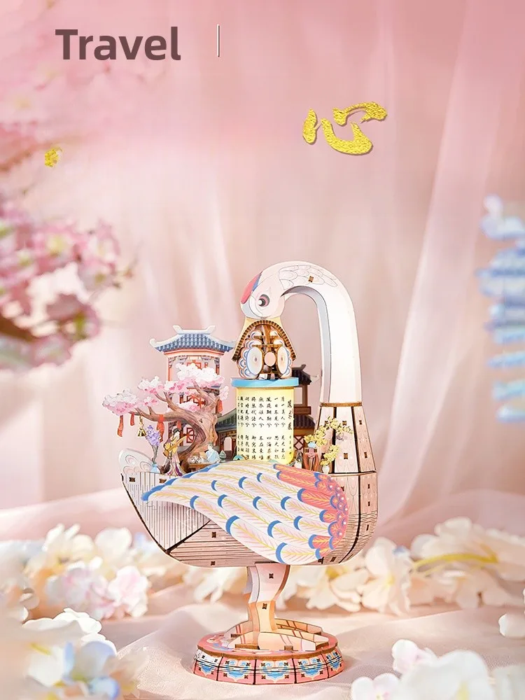 Creative Handmade Assembly Music Box Museum Swallow Holding the Same Heart Chinese Style Wooden Rotating Music Box Gift for Her