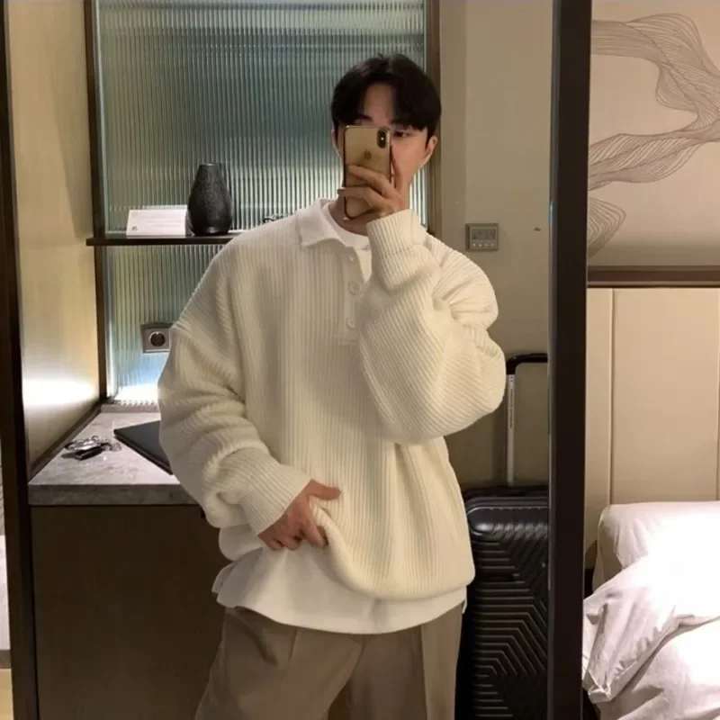 Jerséis de punto para hombre, Color puro, holgados, a la moda, holgados, para otoño e invierno, jerséis que combinan con todo, ropa de calle informal Harajuku Ins