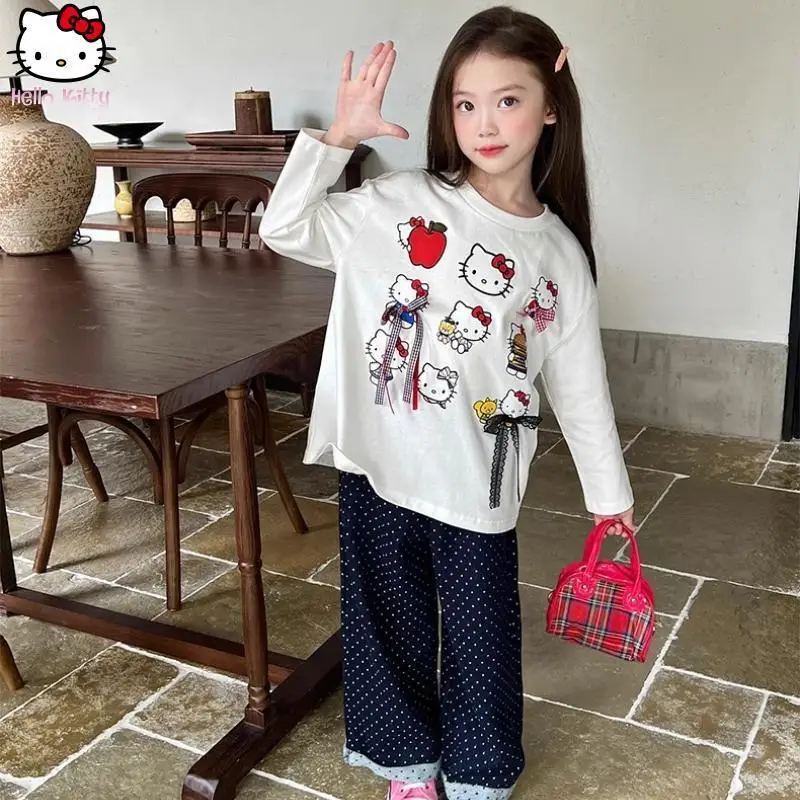 

Anime Girl Hello Kitty Printed Cotton T shirt Autumn New Sanrio Cartoon Kawaii Sweet Versatile Comfortable Soft Bow Long Sleeve