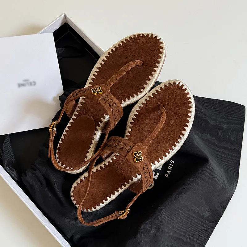 MKKHOU Fashion Sandals Women's New High Quality Suede Toe Clip T-shaped Buckle Low Heel Sandals Summer Women's Shoes