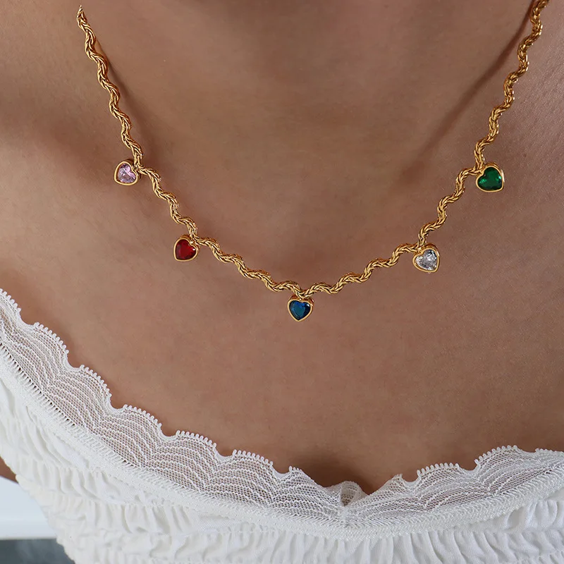 Korean Small Fresh Colored Zircon Necklace Heart Contrast Geometric Irregular Shape Necklace Collar Ornament