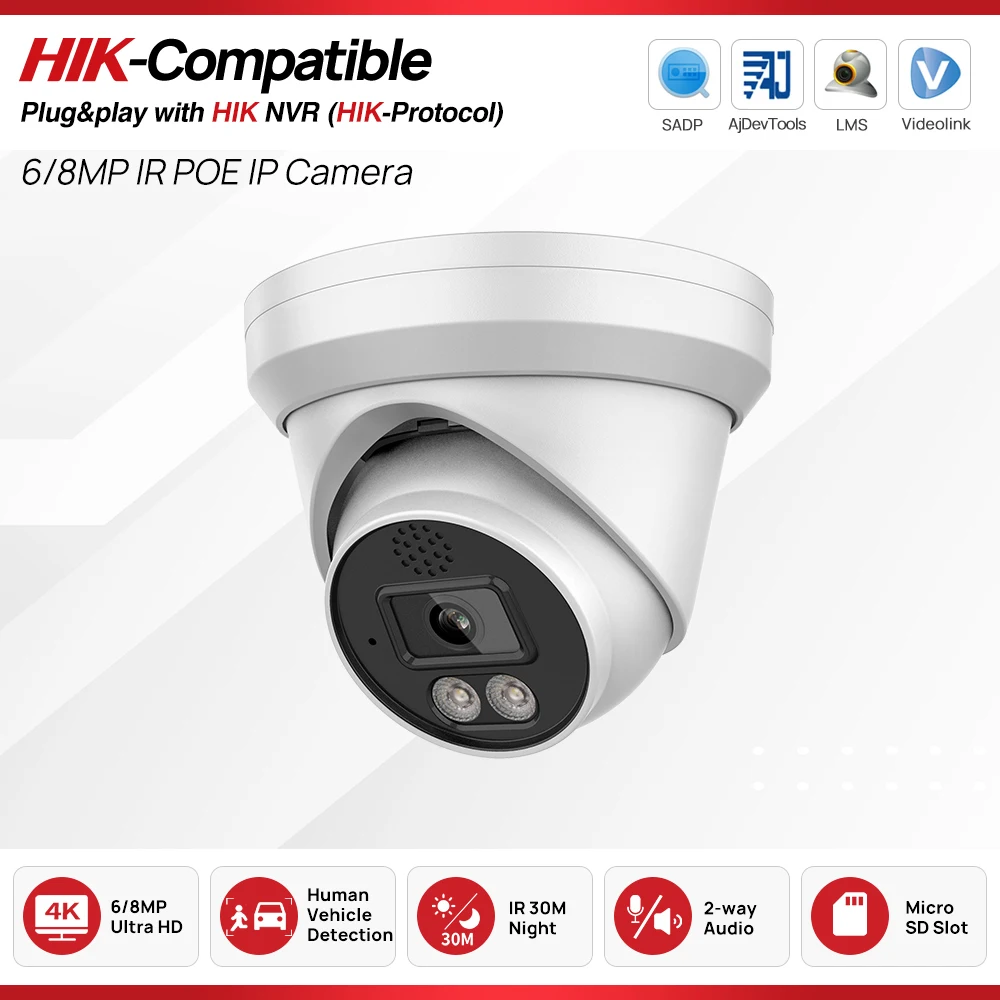 

Hikvision Compatible 6MP 8MP IR Dome IP Camera 2-way Audio SD Card slot Surveillance Network Camera Plug&Play HIK NVR