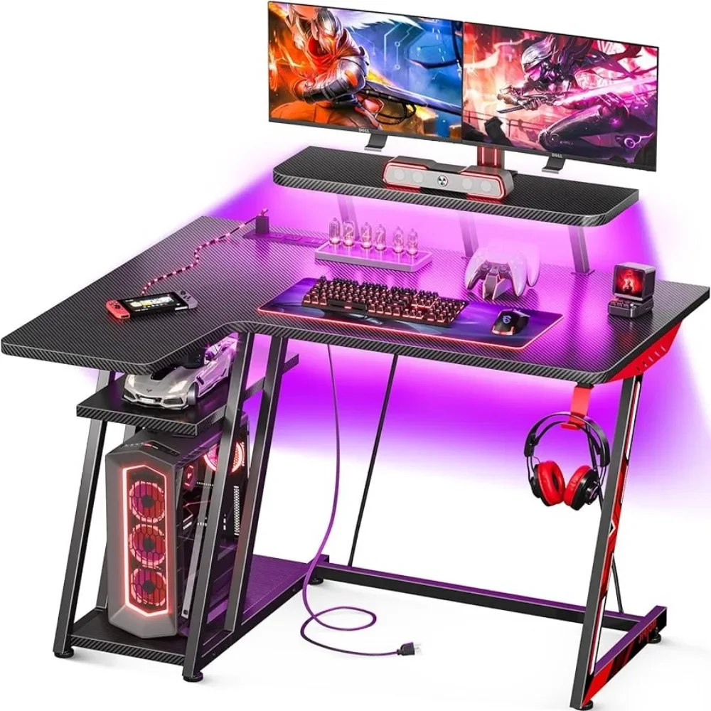 

L Shaped Gaming Desk with LED Lights Power Outlets,Small Computer Desks 39inch Storage Shelf,with Carbon Fiber Texture,Black