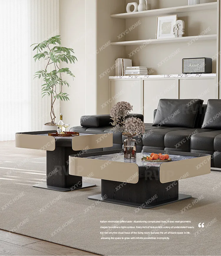 

minimalist saddle leather coffee table microcrystalline stone living room small apartment high-end personalized