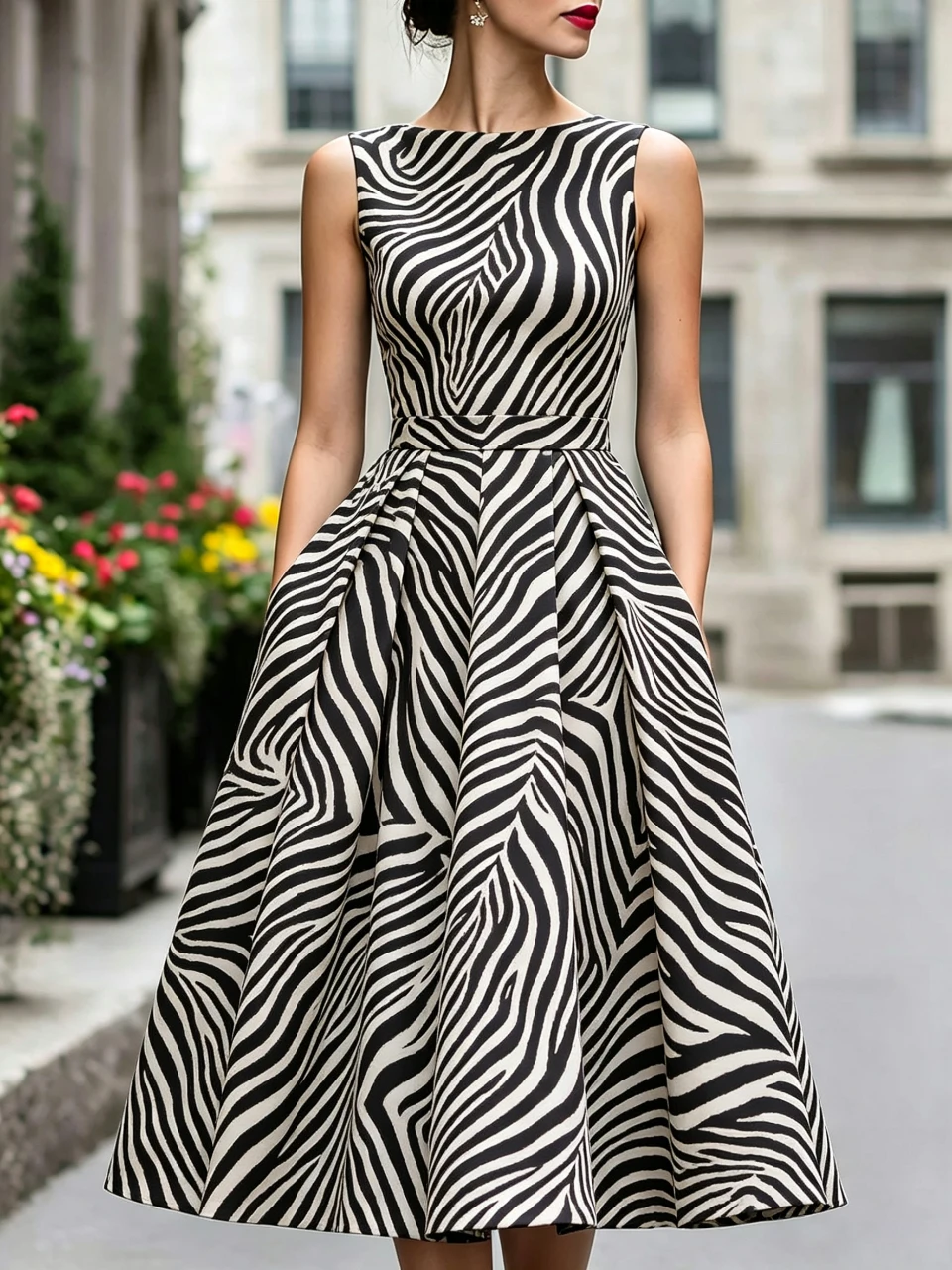 

Women Vintage Zebra Print Print O Neck Midi Dress Women Sleeveless A-Line Elegant Wedding Guest Cocktail Party Evening Dress