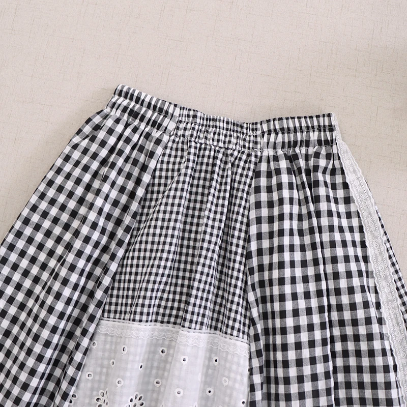 Japanese Mori Girl Vintage Plaid Lace Patchwork Asymmetric Skirts Women Spring New Elastic Waist Casual Loose A-Line Skirts