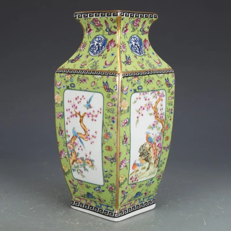 Chinese Green Enamel Porcelain Vase Qing Qianlong Flowers Birds Design 9.45 inch