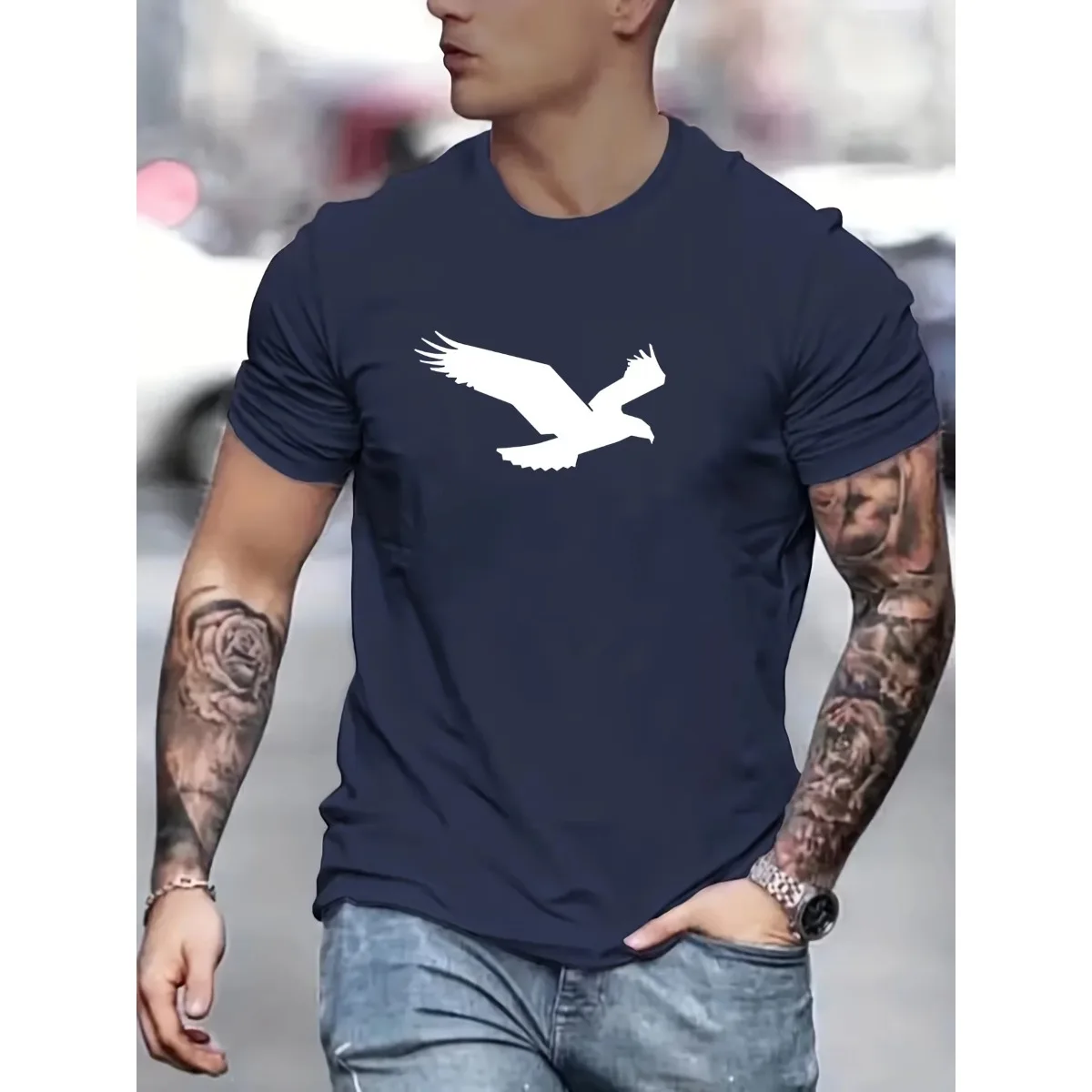 

Men's summer loose 100% cotton eagle pattern printing breathable casual fashion simple versatile fashion cutting-edge trend