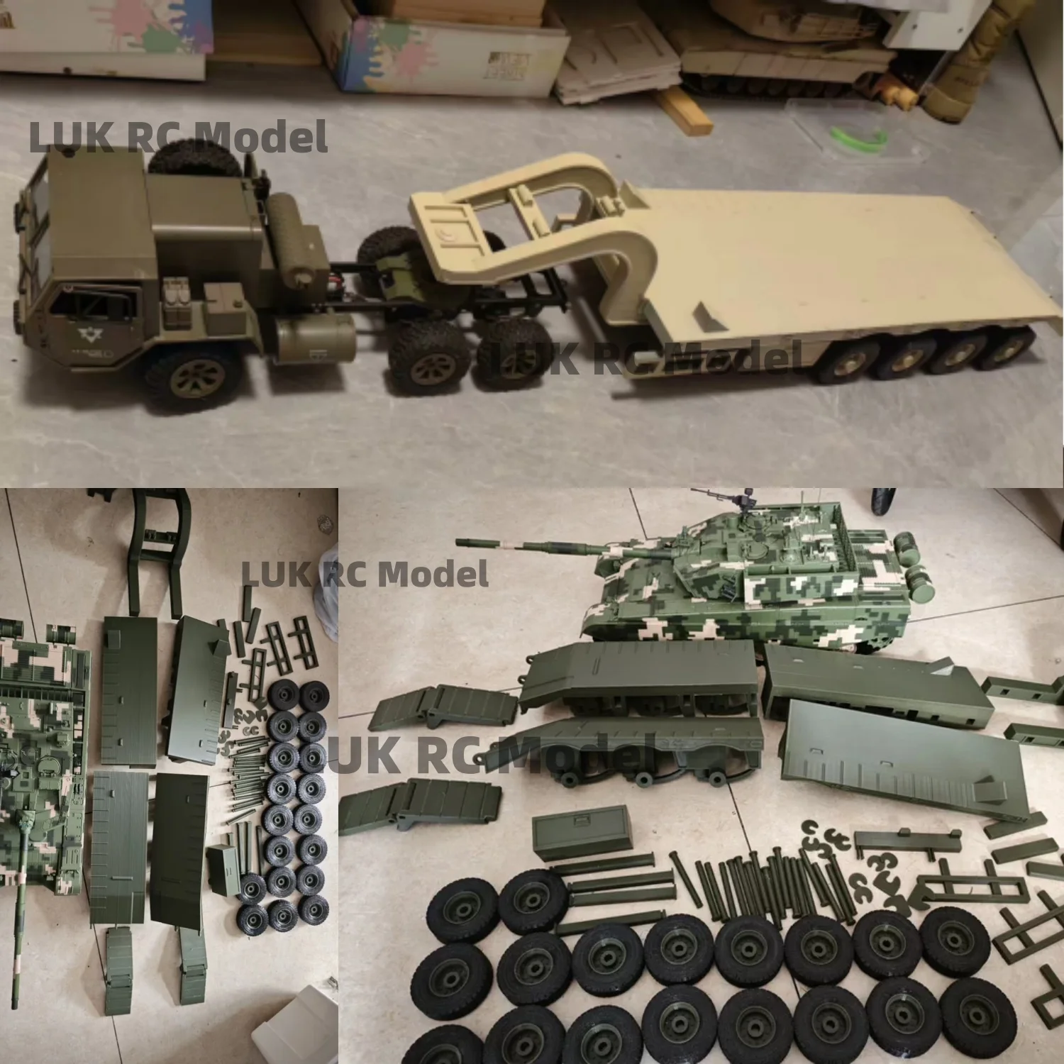 4-assige zware trailer KIT 1/16 RC Tank 99A Plastic TPU Gedrukt Geel Tijger I 2A6 T90 DIY Onderdelen Militaire 1/12 Lader Tractor Speelgoed