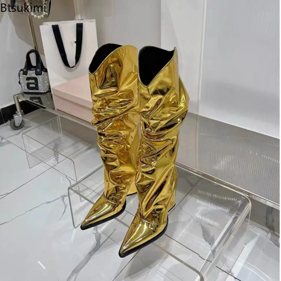 Spring/Autumn Fashion Women's Mirror Face Thick High Heel Mid Boot Pointed High Boot Banquet Party Colorful Over Knee Long Boot
