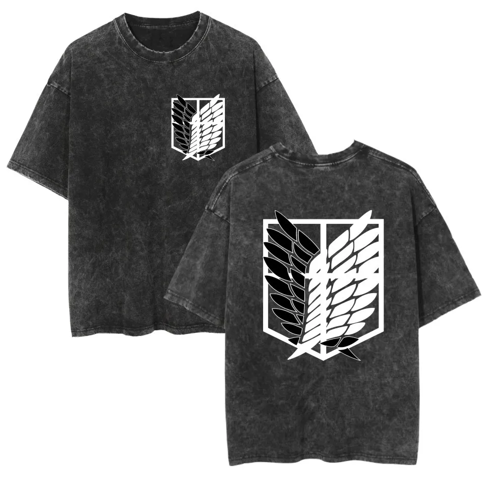 2025 New Washed retro T-shirt ATTACK ON TITAN anime casual cotton summer short-sleeved shirt Men's and women's T-shirts
