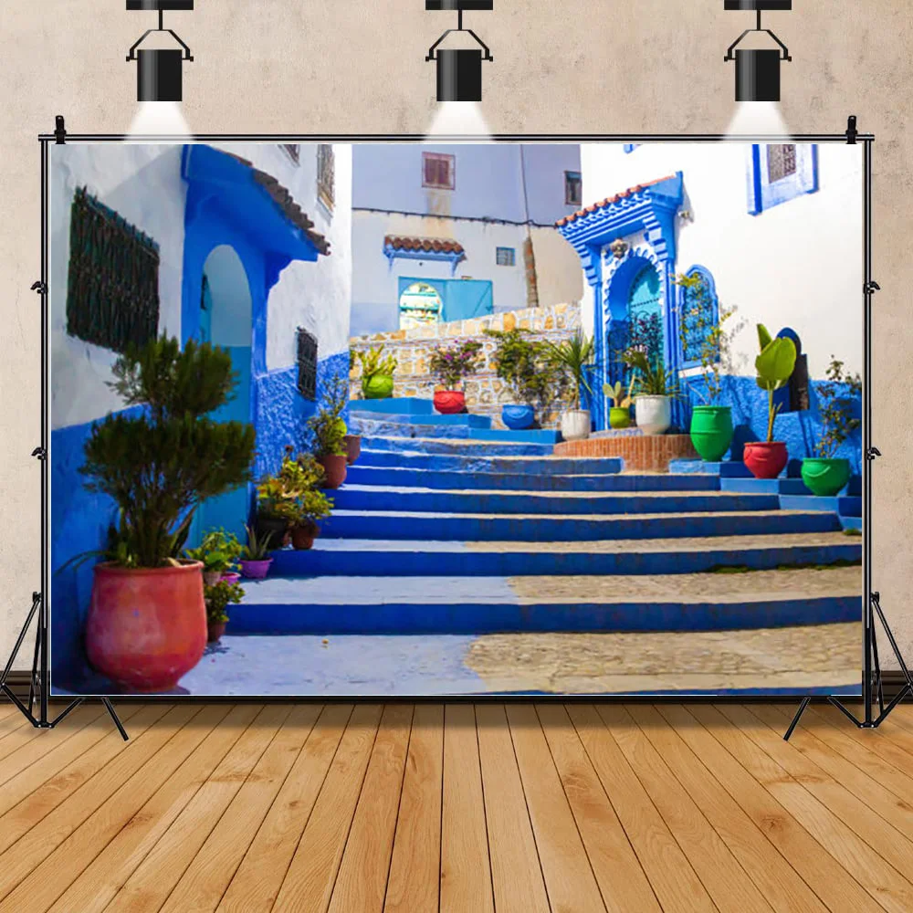 

SHUOZHIKE Santorini Greek Aegean Sea Holiday Party Decoration Bay Town Architecture Flowers Stairs Photography Background XZ-11