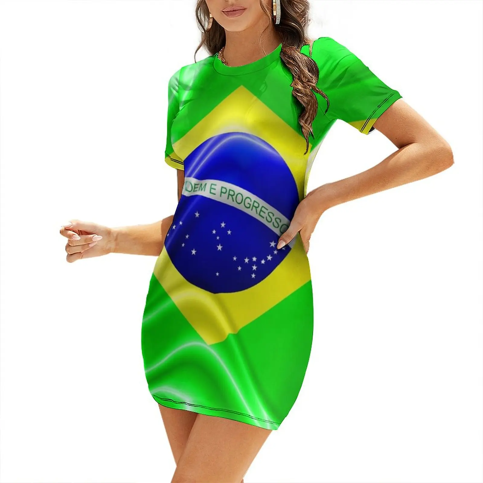 

Brazil Flag Waving Silk Fabric Short Sleeved Dress prom dresses Women's summer dress Party dresses