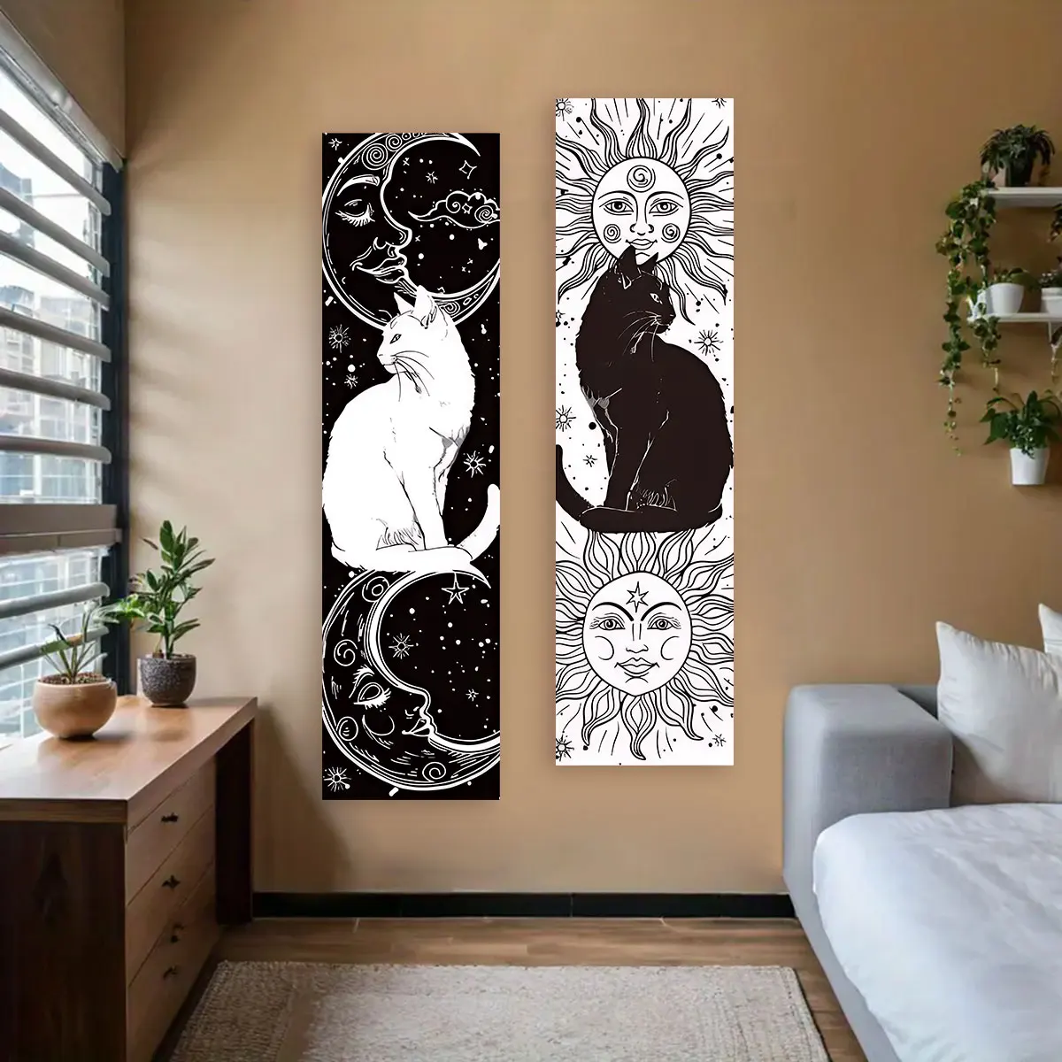 

Whimsy Cat Black and White Cat Vertical Tapestry Sun and Moon Long Wall Hanging Starry Sky Aesthetic Art Tapestry Wall Decor