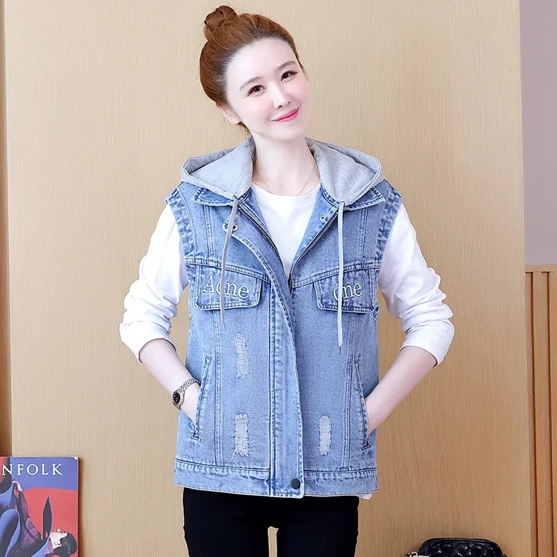 

Broke Denim Vest Jacket Women Large Size Hooded Cowboy Sleeveless Coat 2024 New Spring Autumn Korean Embroidery Waistcoat Female