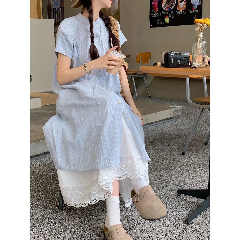 Blue striped short sleeves shirt dress for women\'s summer new loose mid length skirt casual temperament two-piece set for women