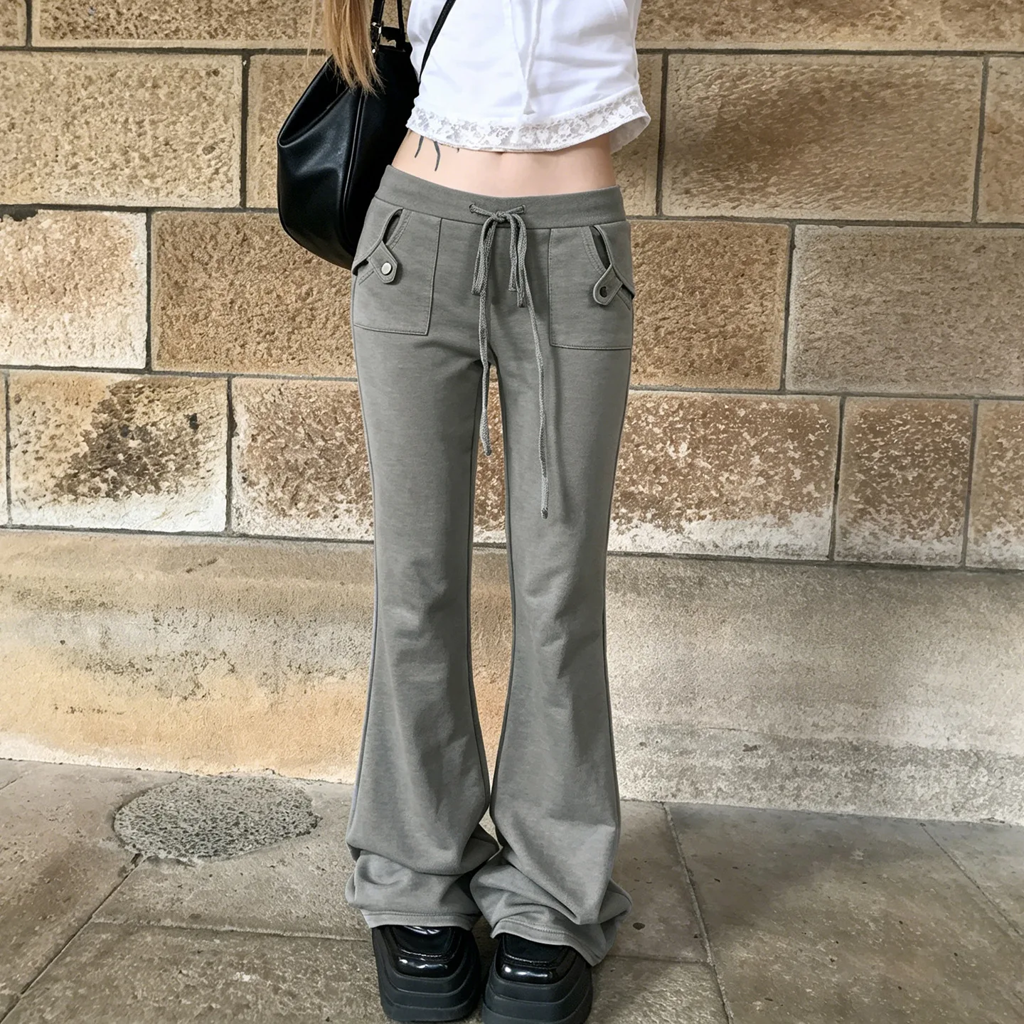 Threaded Elastic Waist Splicing Slim-fitting Micro-pull Trousers Simple Versatile Drawstring Lace-up Casual Sweater Pants