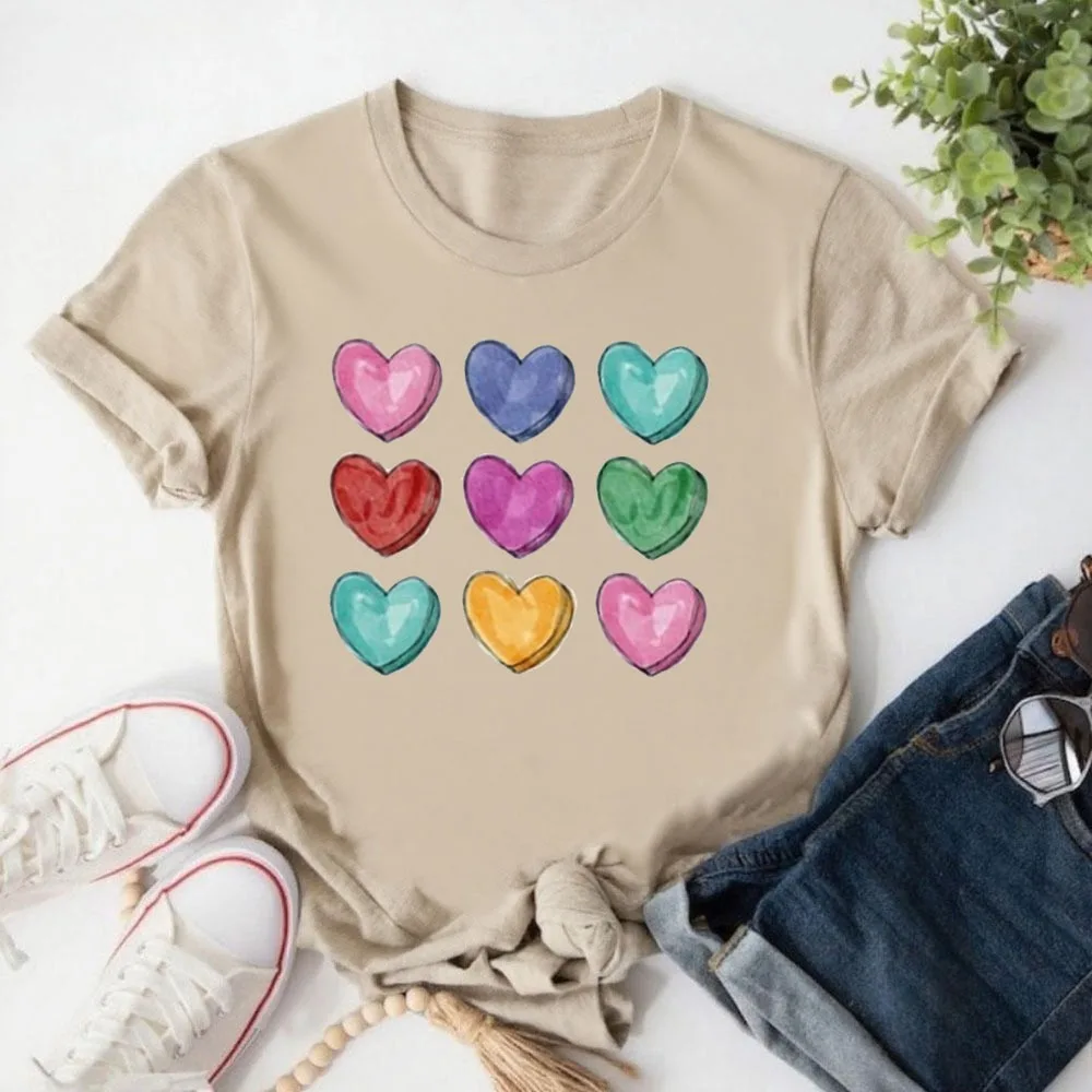 قميص عيد الحب على شكل قلب، قمصان عيد الحب للنساء المعلمين، أزياء الشارع، محب بأكمام قصيرة