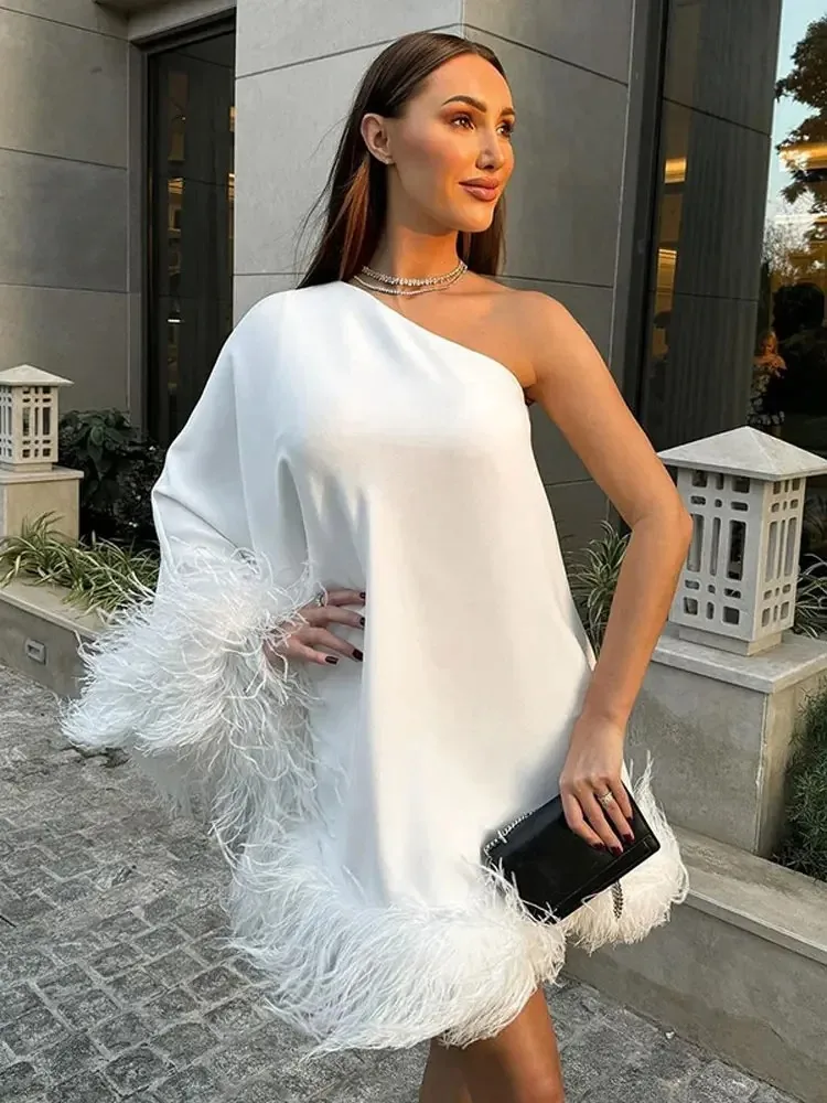 Fashion Feather Spliced Slanted Collar Mini Dress Women Sexy Single Shoulder Backless Loose Vestido Elegant Lady Party Club Gown