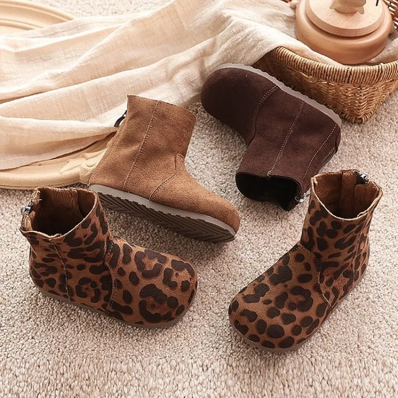 Kids Ankle Boots for Girls Solid Color and Leopard Print Faux Suede Upper Back Zipper Non Slip Sole Children Autumn Winter Boots