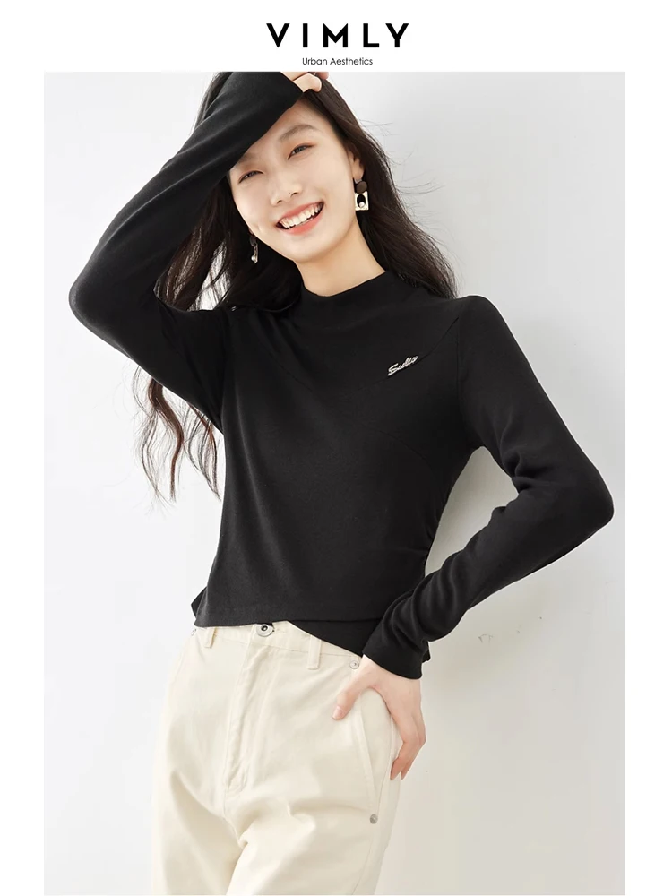 Vimly Soft Slim Long Sleeve Top for Women 2023 Autumn Winter Half Turtleneck T Shirt High Strecth Asymmetrical Hem T-shirt 72103