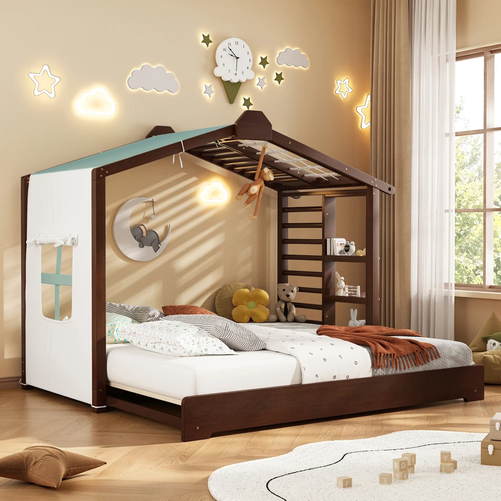 Twin Size House Bed with Twin Pull Out Trundle, Fabric Tent and Roll Up Curtains, Kids Platform Bed Frame with Side Storage Shelves, Decorative Roof and Wood Slats, No Box Spring Needed, Espresso