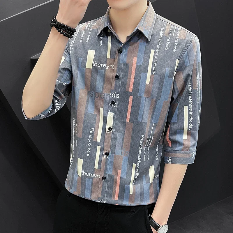 

Fashion Gradient Striped Printed Slim Fit Mens Casual Shirts Camisas De Hombre Korean Style Three-quarter Shirt For Men