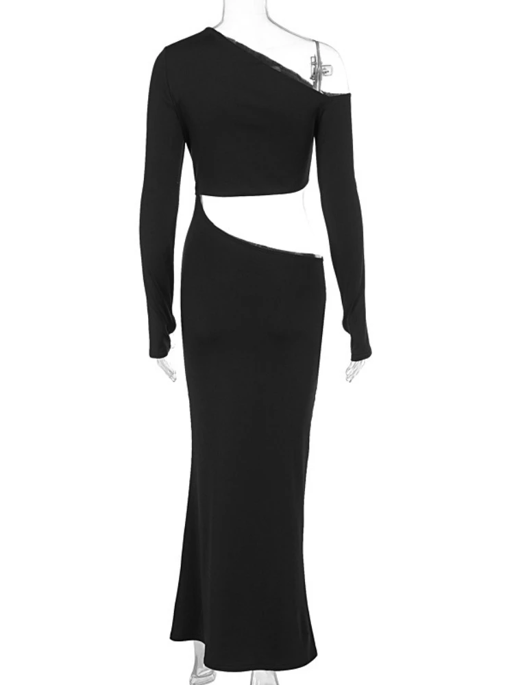 فساتين سهرة نسائية أنيقة من FDYOUI بياقة قطرية غير متماثلة أنيقة بأكمام طويلة مقصوصة باللون الأسود للحفلات فساتين طويلة ماكسي