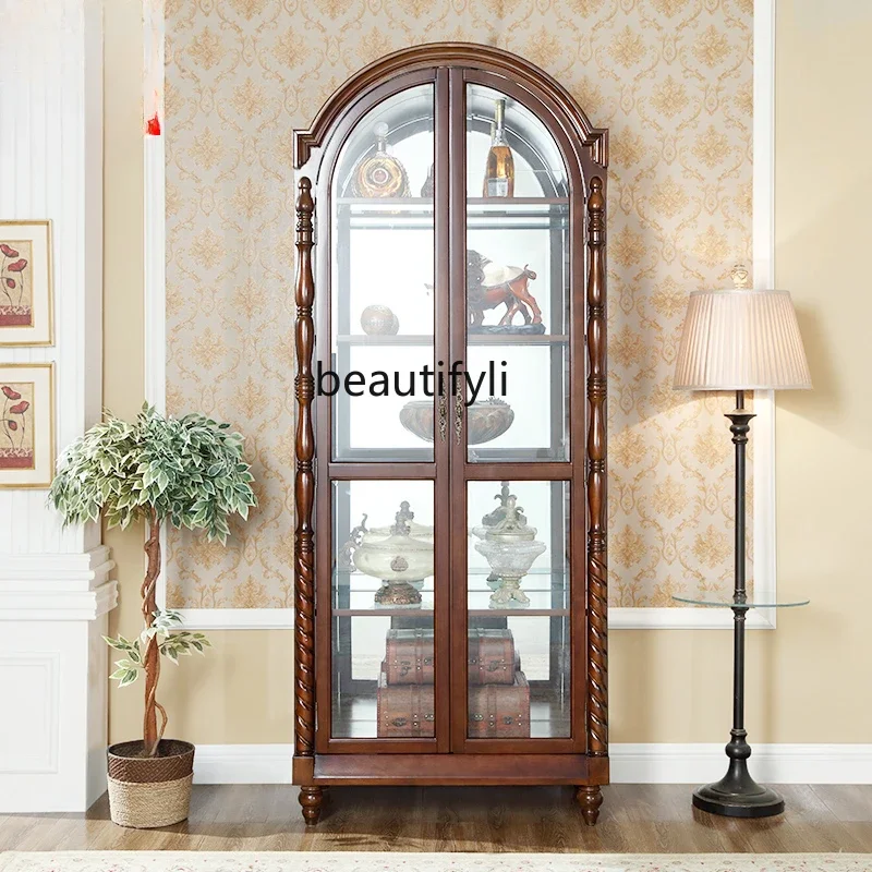 American all-solid wood double-door   European retro arched household partition wall glass display cabinet