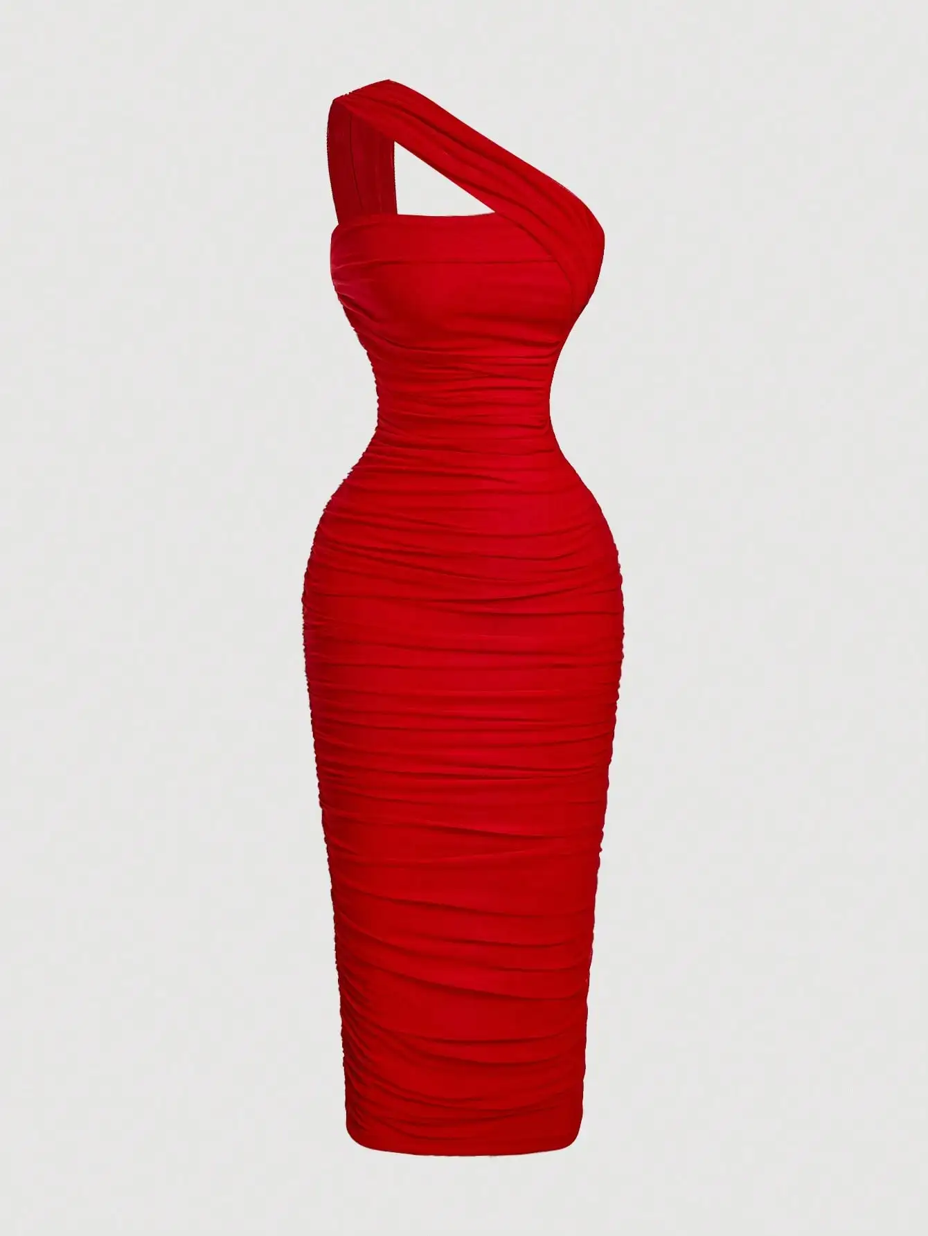 

Красное облегающее миди-платье с одним открытым плечом и драпировкой для вечера или вечеринки